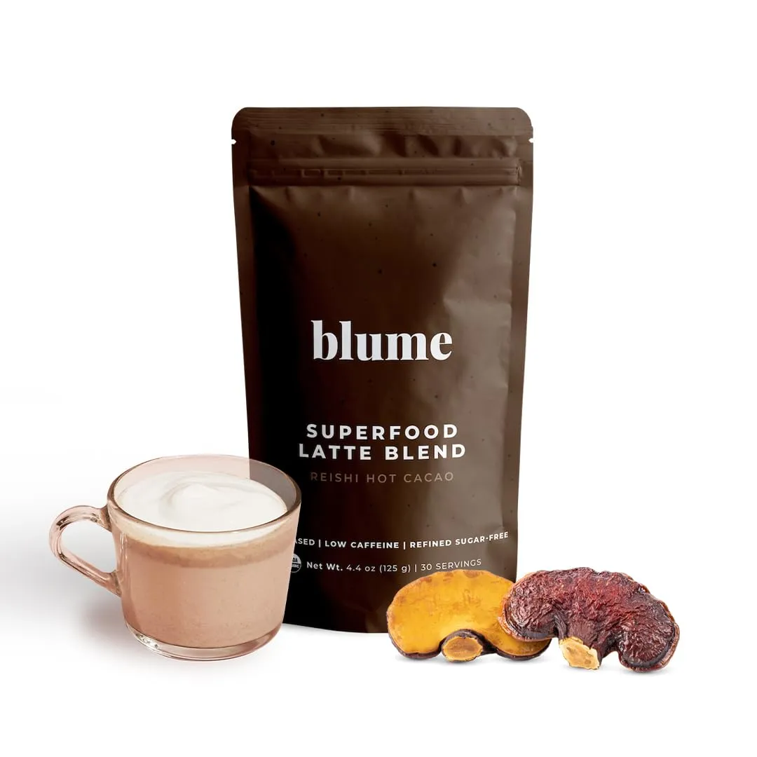 Blume, Reishi Hot Cocoa Blend - Stress Soothing Superfoods Mushroom latte with Brain Boosting Adaptogen Organic Cocao - Organic, Vegan And Keto Friendly - 30 Servings