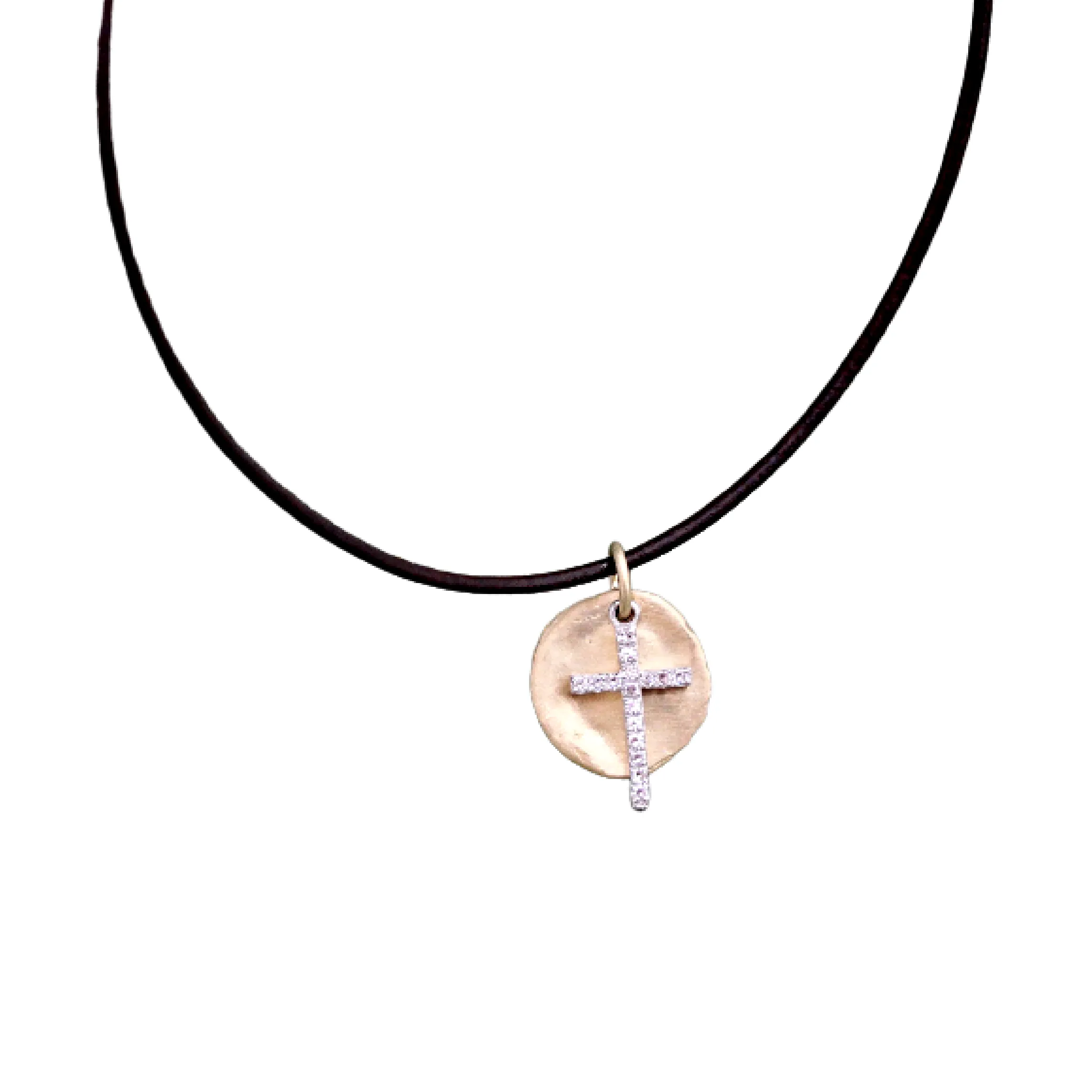 Gold Disc & Cross Leather Necklace