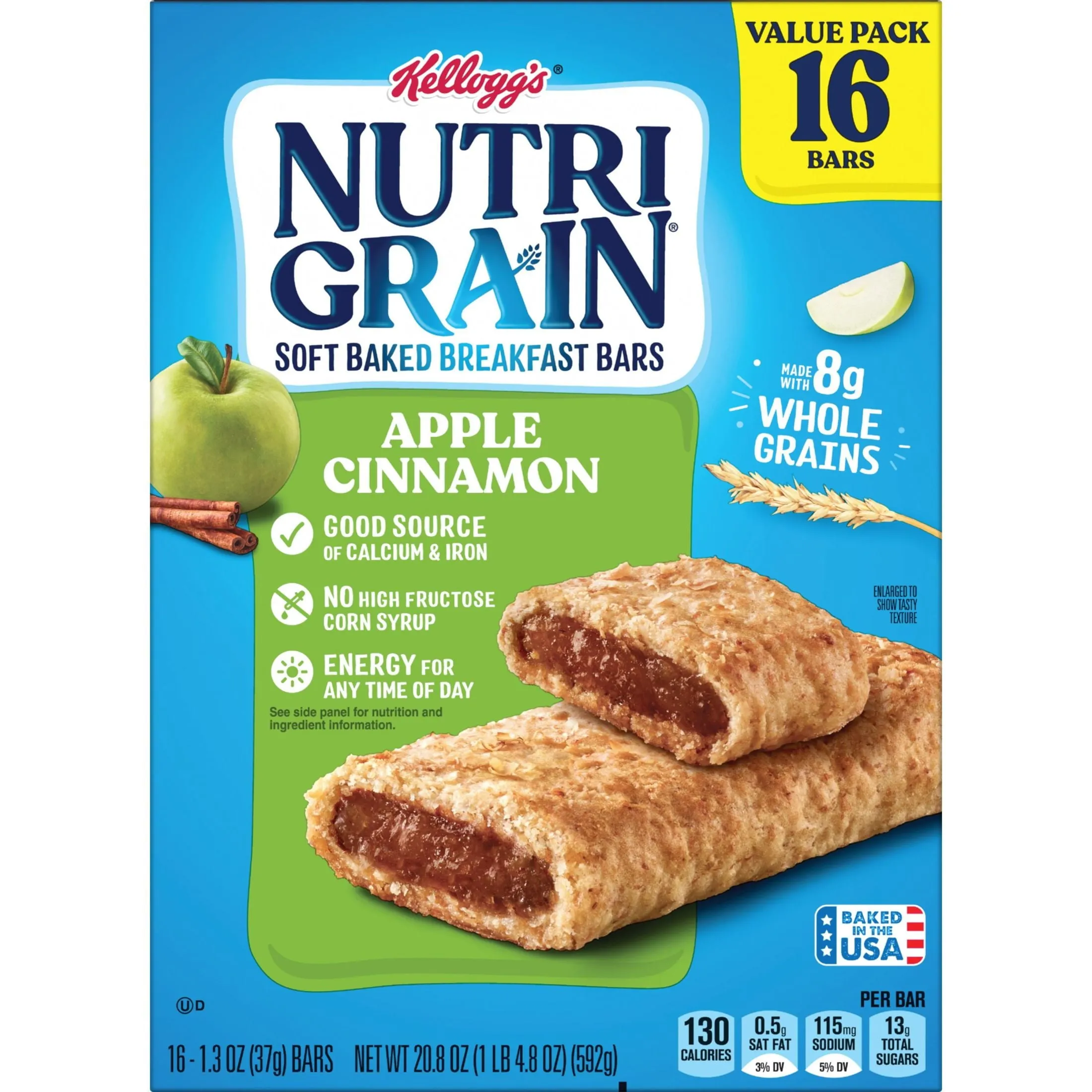 Kellogg's Nutri-Grain Apple Cinnamon Chewy Soft Baked Breakfast Bars, Ready-to-Eat, 20.8 oz, 16 Count