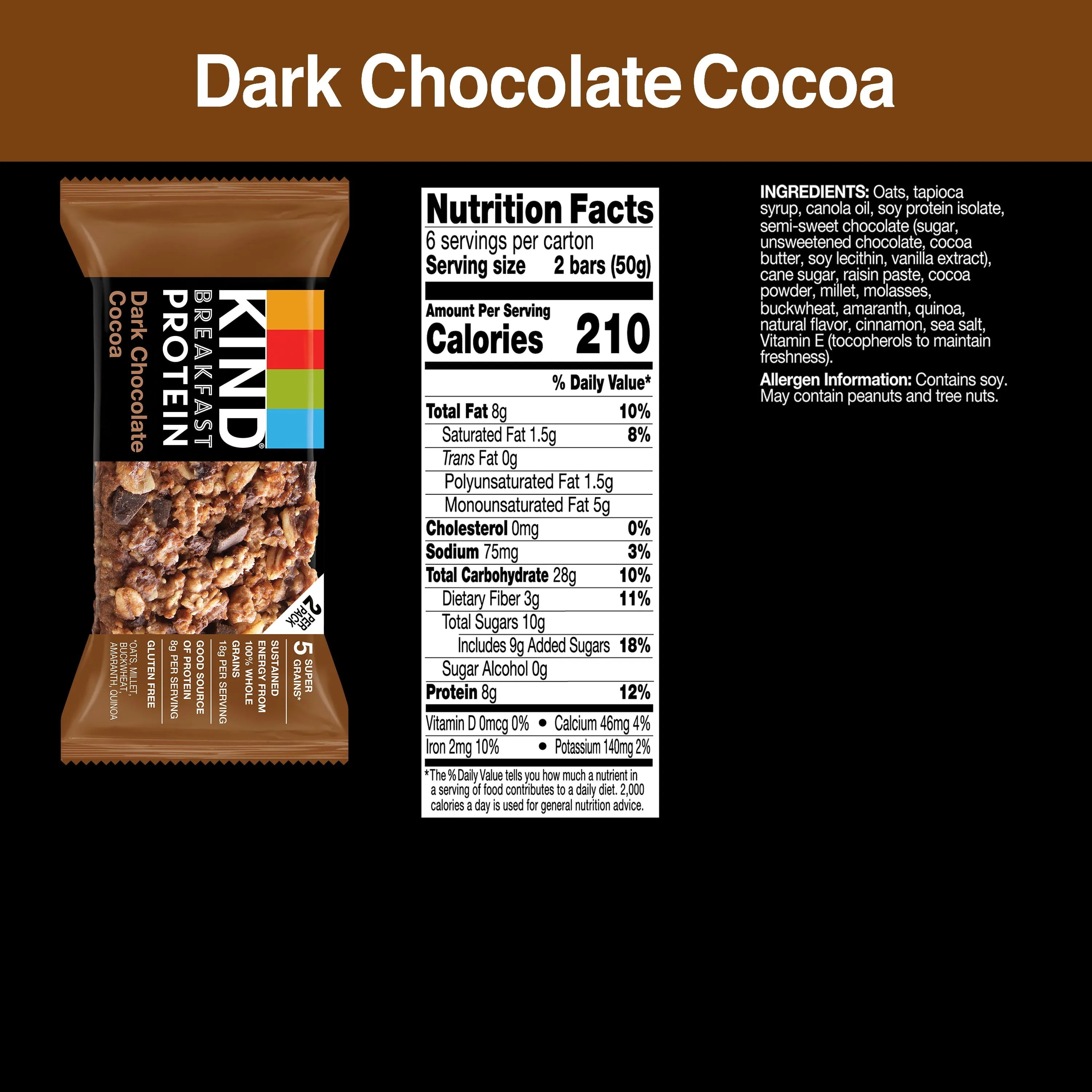 KIND Breakfast Gluten Free Dark Chocolate Cocoa Protein Snack Bars, 1.76 oz, 12 Count