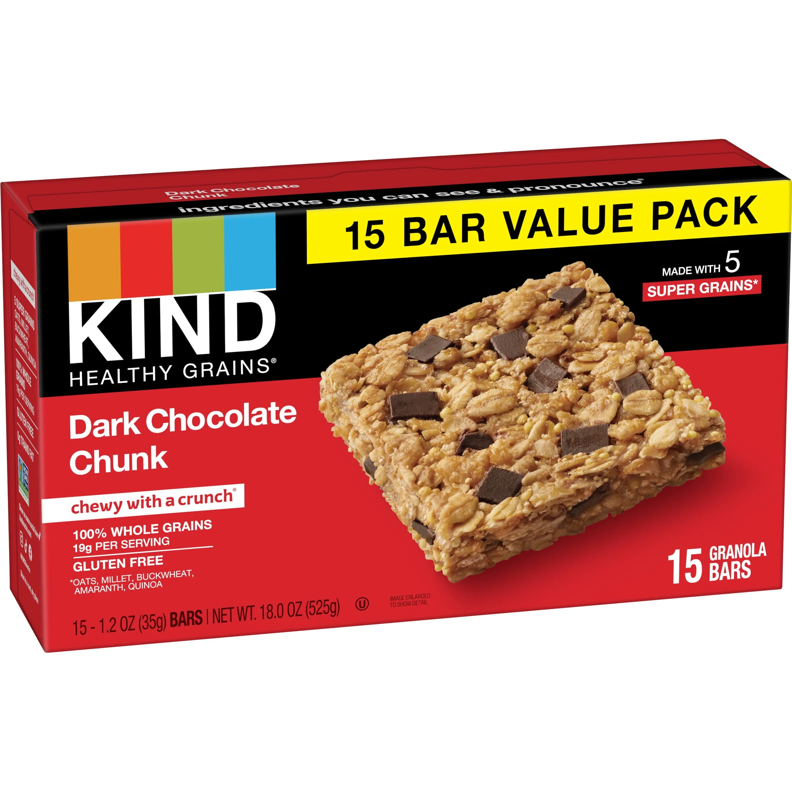 KIND Healthy Grain Gluten Free Dark Chocolate Chunk Snack Bars, Value Pack, 1.2 oz, 15 Count