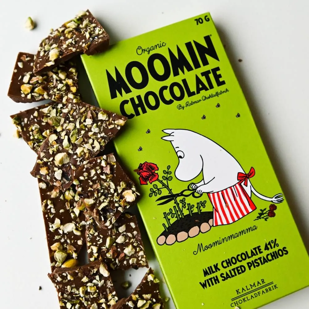 Moominmamma Milk Chocolate with Pistachio and Salt - Kalmar Chokladfabrik