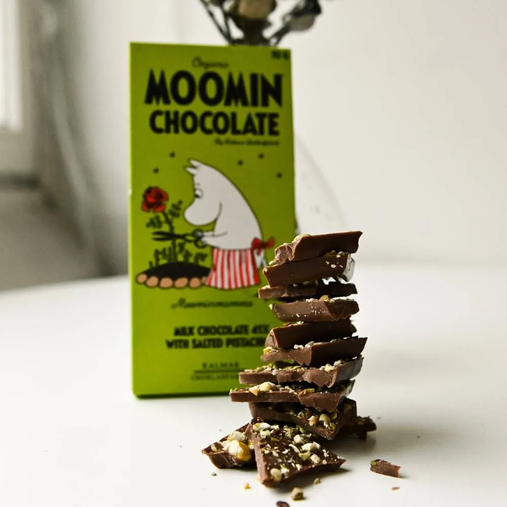 Moominmamma Milk Chocolate with Pistachio and Salt - Kalmar Chokladfabrik