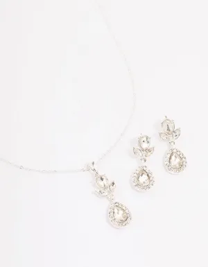 Silver Diamante Leaf Pearl Jewellery Set