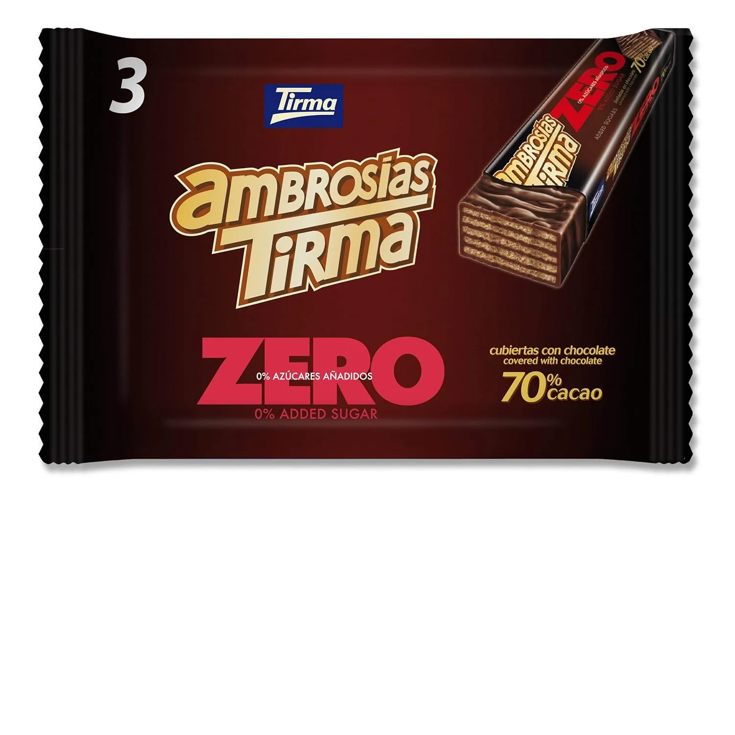 Tirma Dark Chocolate Waffles 70% Cocoa - Keto-Friendly, No Added Sugar, Low-Carb, Diabetic-Safe, 3-Pack 64.5g