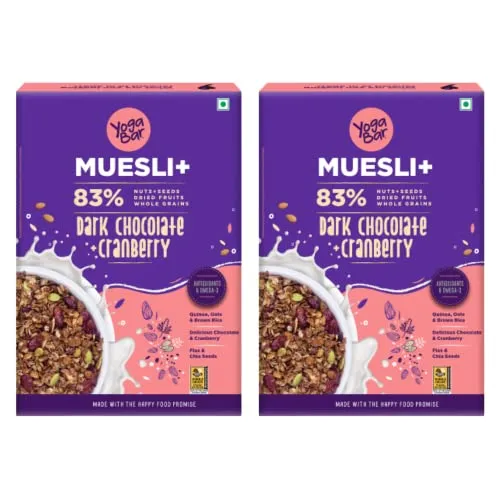 Yogabar Wholegrain Breakfast Muesli 1kg (500g x 2), Dark Chocolate Cranberry, 25% Dry Fruits, Nuts and Seeds | Healthy Breakfast Cereals | Gluten Free | Antioxidant Rich | Healthy Food for Breakfast | Protein Rich